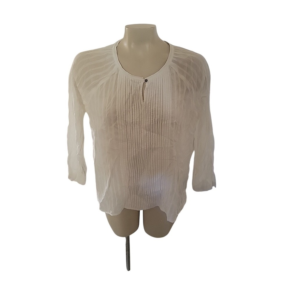 Calvin Klein‎ Scoop Neck Blouse-Medium-Keyhole-Gold Button Details-Semi Sheer
